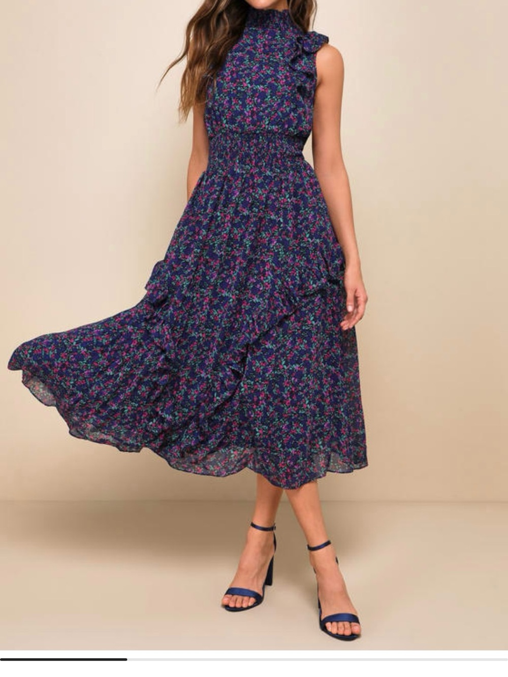 Lulus Evalina Navy Blue Floral Print Mock Neck Midi Dress